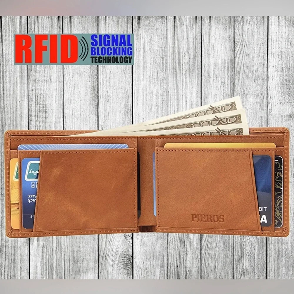 PIEROS Leather Signature Slim Wallet Brown RDIF Blocking